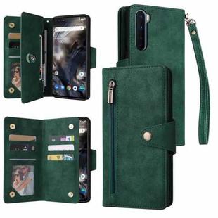 For OnePlus Nord Rivet Buckle 9 Cards Three Fold Leather Phone Case(Green)