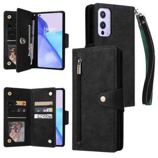 For OnePlus 9 Rivet Buckle 9 Cards Three Fold Leather Phone Case(Black)