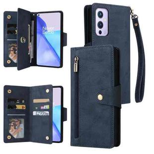 For OnePlus 9 Rivet Buckle 9 Cards Three Fold Leather Phone Case(Blue)