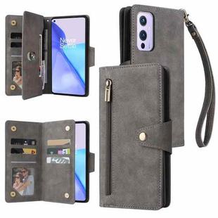 For OnePlus 9 Rivet Buckle 9 Cards Three Fold Leather Phone Case(Grey)