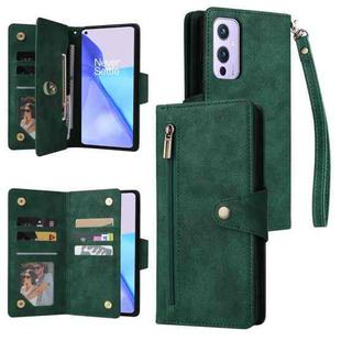 For OnePlus 9 Rivet Buckle 9 Cards Three Fold Leather Phone Case(Green)