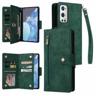 For OnePlus 9 Pro Rivet Buckle 9 Cards Three Fold Leather Phone Case(Green)