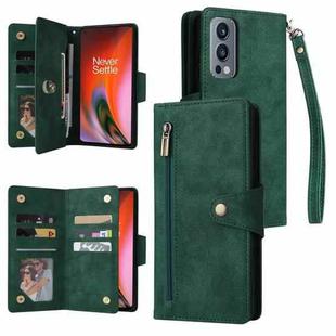 For OnePlus Nord 2 Rivet Buckle 9 Cards Three Fold Leather Phone Case(Green)
