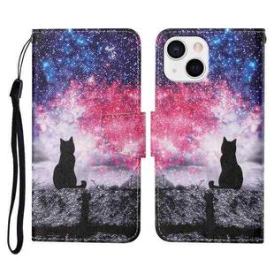 For iPhone 13 Colored Drawing Pattern Horizontal Flip Leather Phone Case(Starry Cat)