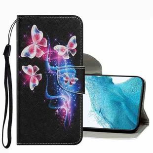 For Samsung Galaxy S22 5G Coloured Drawing Pattern Leather Phone Case(Three Fluorescent Butterflies)