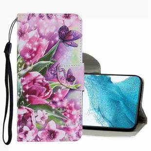 For Samsung Galaxy S22+ 5G Coloured Drawing Pattern Leather Phone Case(Rose Butterfly)