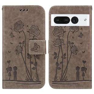 For Google Pixel 7 Pro 5G Embossing Rose Couple Leather Phone Case(Grey)