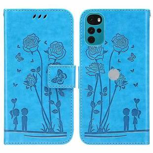 For Motorola Moto G22 Embossing Rose Couple Leather Phone Case(Blue)
