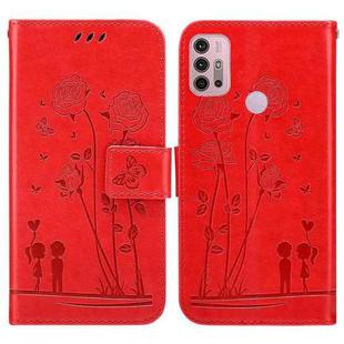 For Motorola Moto G30 / G10 / G20 Embossing Rose Couple Leather Phone Case(Red)