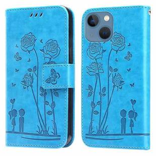 Embossing Rose Couple Leather Phone Case For iPhone 13 mini(Blue)