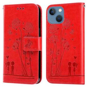 Embossing Rose Couple Leather Phone Case For iPhone 13 mini(Red)