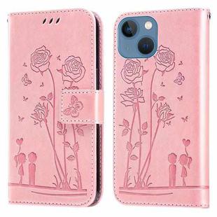 Embossing Rose Couple Leather Phone Case For iPhone 13 mini(Pink)