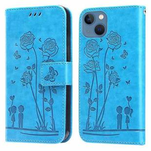Embossing Rose Couple Leather Phone Case For iPhone 13(Blue)