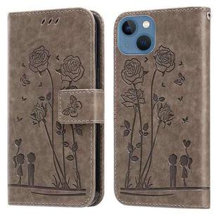 Embossing Rose Couple Leather Phone Case For iPhone 13(Grey)
