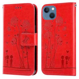 Embossing Rose Couple Leather Phone Case For iPhone 13(Red)