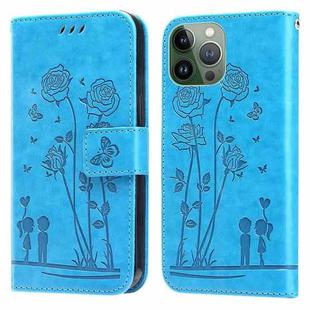 Embossing Rose Couple Leather Phone Case For iPhone 13 Pro Max(Blue)