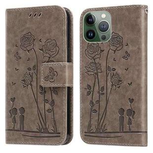 Embossing Rose Couple Leather Phone Case For iPhone 13 Pro Max(Grey)