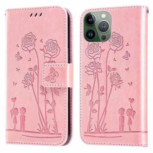 Embossing Rose Couple Leather Phone Case For iPhone 13 Pro Max(Pink)