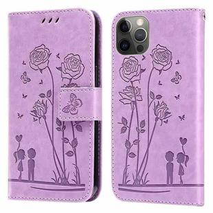 Embossing Rose Couple Leather Phone Case For iPhone 12 / 12 Pro(Purple)