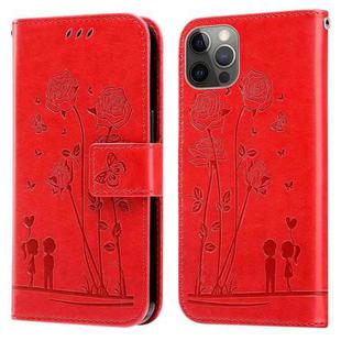 Embossing Rose Couple Leather Phone Case For iPhone 12 / 12 Pro(Red)