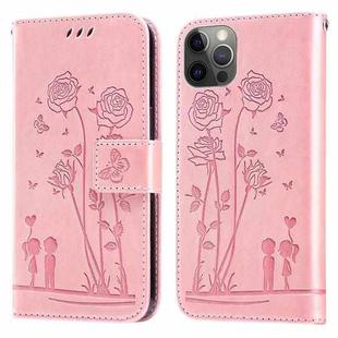 Embossing Rose Couple Leather Phone Case For iPhone 12 / 12 Pro(Pink)