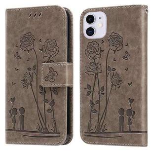 For iPhone 11 Embossing Rose Couple Leather Phone Case (Grey)