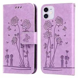 For iPhone 11 Embossing Rose Couple Leather Phone Case (Purple)