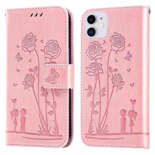 For iPhone 11 Embossing Rose Couple Leather Phone Case (Pink)