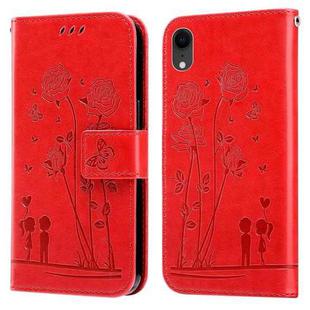 Embossing Rose Couple Leather Phone Case For iPhone XR(Red)