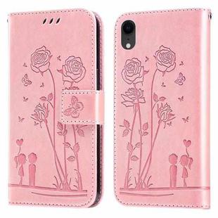 Embossing Rose Couple Leather Phone Case For iPhone XR(Pink)