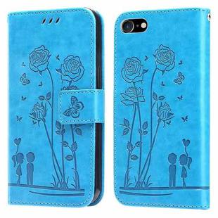 For iPhone SE 2022 / SE 2020 / 8 / 7 Embossing Rose Couple Leather Phone Case(Blue)