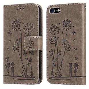 For iPhone SE 2022 / SE 2020 / 8 / 7 Embossing Rose Couple Leather Phone Case(Grey)