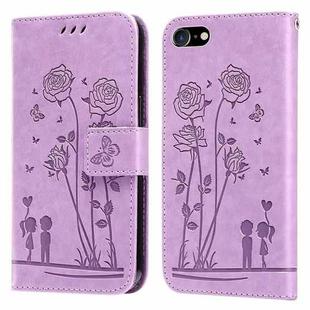 For iPhone SE 2022 / SE 2020 / 8 / 7 Embossing Rose Couple Leather Phone Case(Purple)