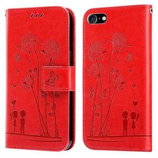 For iPhone SE 2022 / SE 2020 / 8 / 7 Embossing Rose Couple Leather Phone Case(Red)