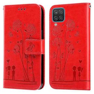For Samsung Galaxy A12 5G Embossing Rose Couple Leather Phone Case(Red)