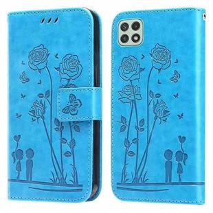 For Samsung Galaxy A22 5G Embossing Rose Couple Leather Phone Case(Blue)