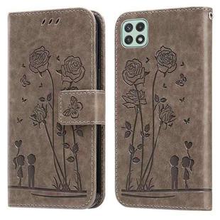 For Samsung Galaxy A22 5G Embossing Rose Couple Leather Phone Case(Grey)