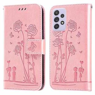 For Samsung Galaxy A52 5G Embossing Rose Couple Leather Phone Case(Pink)