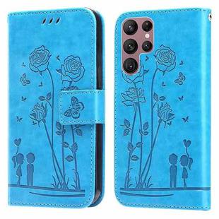 For Samsung Galaxy S22 Ultra 5G Embossing Rose Couple Leather Phone Case(Blue)