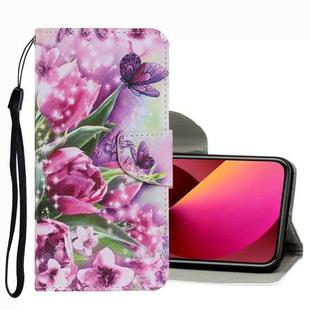 For iPhone 13 Coloured Drawing Pattern Leather Phone Case(Rose Butterfly)
