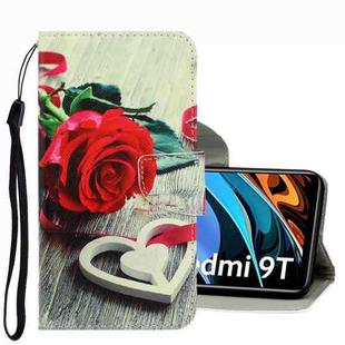 For Xiaomi Redmi 9T 3D Colored Drawing Leather Phone Case(Red Rose)