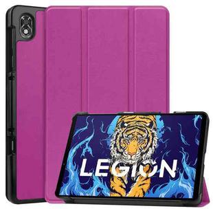 For Lenovo Legion Y700 Three-folding Holder Custer Texture Leather Tablet Case(Purple)