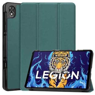 For Lenovo Legion Y700 Three-folding Holder Custer Texture Leather Tablet Case(Green)