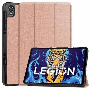 For Lenovo Legion Y700 Three-folding Holder Custer Texture Leather Tablet Case(Rose Gold)