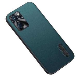 For OPPO Reno7 5G Folding Holder Plain Leather Phone Case(Lake Green)