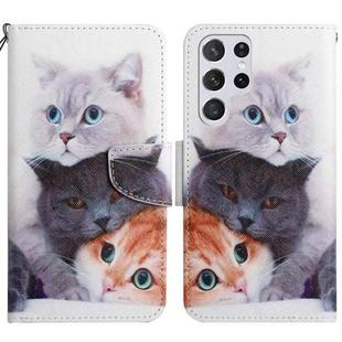 For Samsung Galaxy S22 Ultra 5G Painted Pattern Horizontal Flip Leather Phone Case(Three Cats)