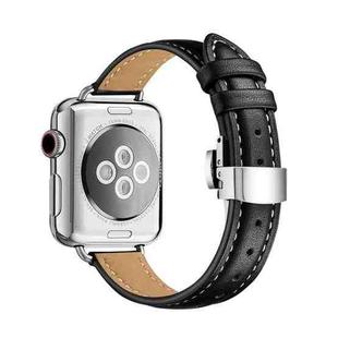Slimming Butterfly Buckle Watch Band For Apple Watch Ultra 49mm / Series 8&7 45mm / SE 2&6&SE&5&4 44mm / 3&2&1 42mm(Black Silver)