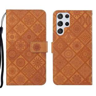For Samsung Galaxy S22 Ultra 5G Ethnic Style Embossed Pattern Leather Phone Case(Brown)