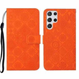 For Samsung Galaxy S22 Ultra 5G Ethnic Style Embossed Pattern Leather Phone Case(Orange)