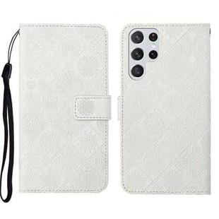 For Samsung Galaxy S22 Ultra 5G Ethnic Style Embossed Pattern Leather Phone Case(White)
